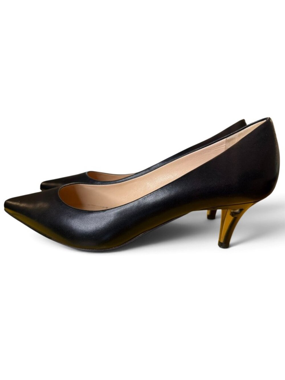 Fendi Black Leather Pointed Toe Heels With Gold Accents, Size 38.5/US 8